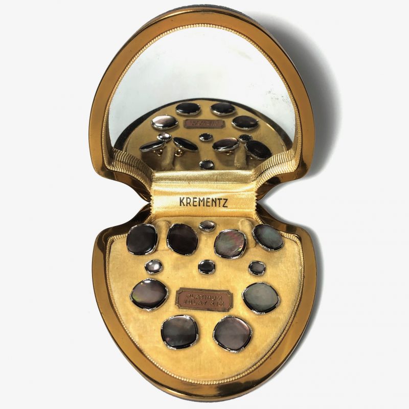 Antique Art Deco Krementz Gold Filled with Abalone and Black Enamel with Platinum Inlay RIms Complete Tuxedo Stud Set