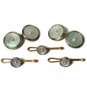 Antique Art Deco Krementz 14k Gold with Pearl and Mother Of Pearl with Platinum Inlay Rims Tuxedo Stud Set with Matching Cufflinks