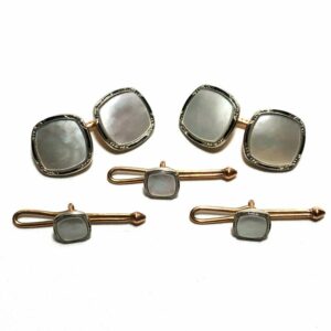 Antique Art Deco Krementz 14k Gold with Black Enamel and Mother Of Pearl with Platinum Inlay Rims Tuxedo Stud Set with Matching Cufflinks