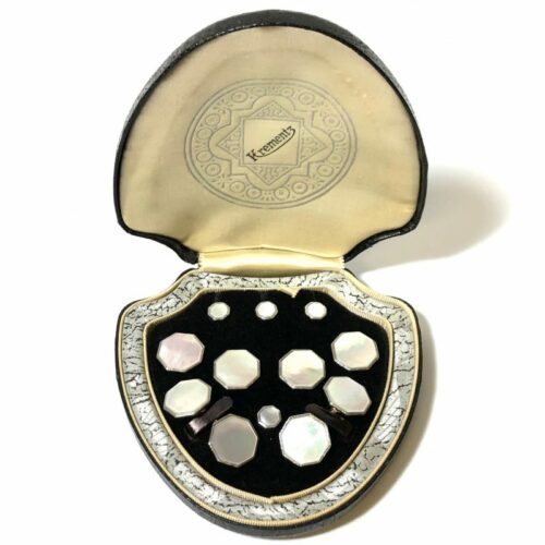 Antique Krementz Gold Filled Mother Of Pearl With Platinum Inlay Rims Complete Tuxedo Stud Set With Matching Cufflinks