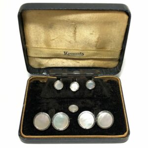 Antique Art Deco Krementz Gold Filled Mother Of Pearl with Platinum Inlay Rims Tuxedo Stud Set with Matching Cufflinks