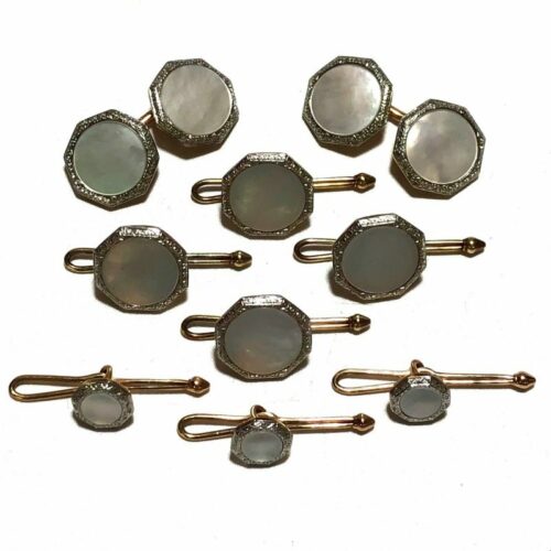 Antique Art Deco Krementz 14K Gold With Mother Of Pearl And Platinum Inlay Rims Complete Tuxedo Stud Set