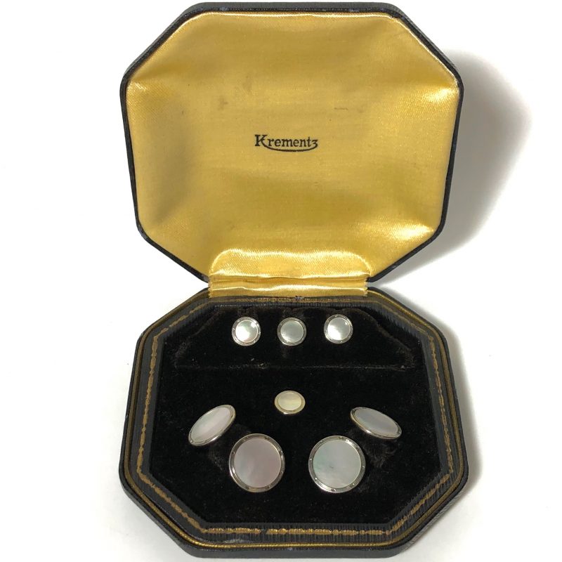 Antique Krementz Art Deco Gold Filled Mother Of Pearl with Platinum Inlay RIms Tuxedo Stud Set with Matching Cufflinks