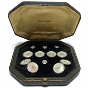 Antique Art Deco Krementz Gold Filled with Pearl and Mother Of Pearl with Platinum Inlay Rims Complete Tuxedo Stud Set