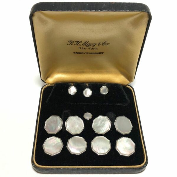 Antique Art Deco Krementz Gold Filled and Mother Of Pearl with Platinum Inlay Rims Complete Tuxedo Stud Set