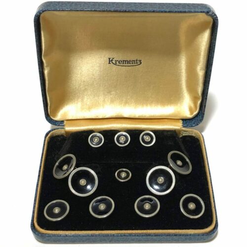 Antique Art Deco Krementz Gold Filled With Black Enamel And Pearl With Platinum Inlay Rims Complete Tuxedo Stud Set
