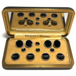 Antique Art Deco Krementz Gold Filled and Black Enamel with Platinum Inlay Rims Complete Tuxedo Stud Set