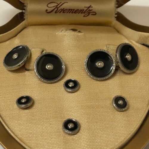 Krementz Art Deco Gold And Black Enamel With Pearl And Platinum Inlay Rims Tuxedo Stud Set With Matching Cufflinks 5C