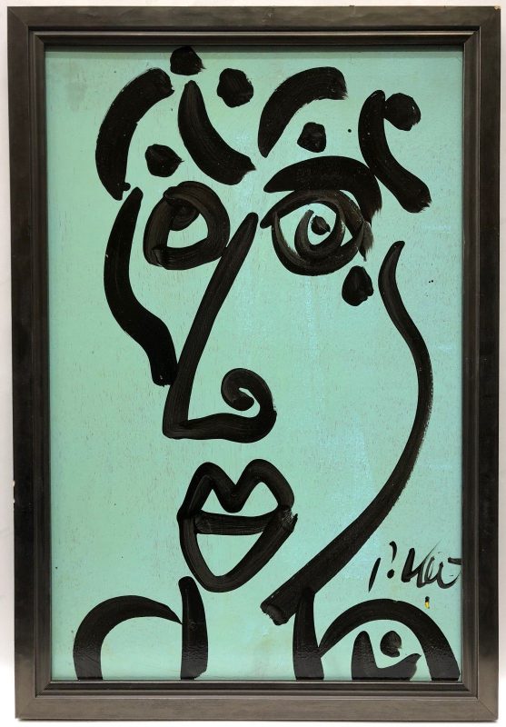 Neo Expressionism Abstract Face Oil Painting Signed Peter Keil Mint/Black Framed
