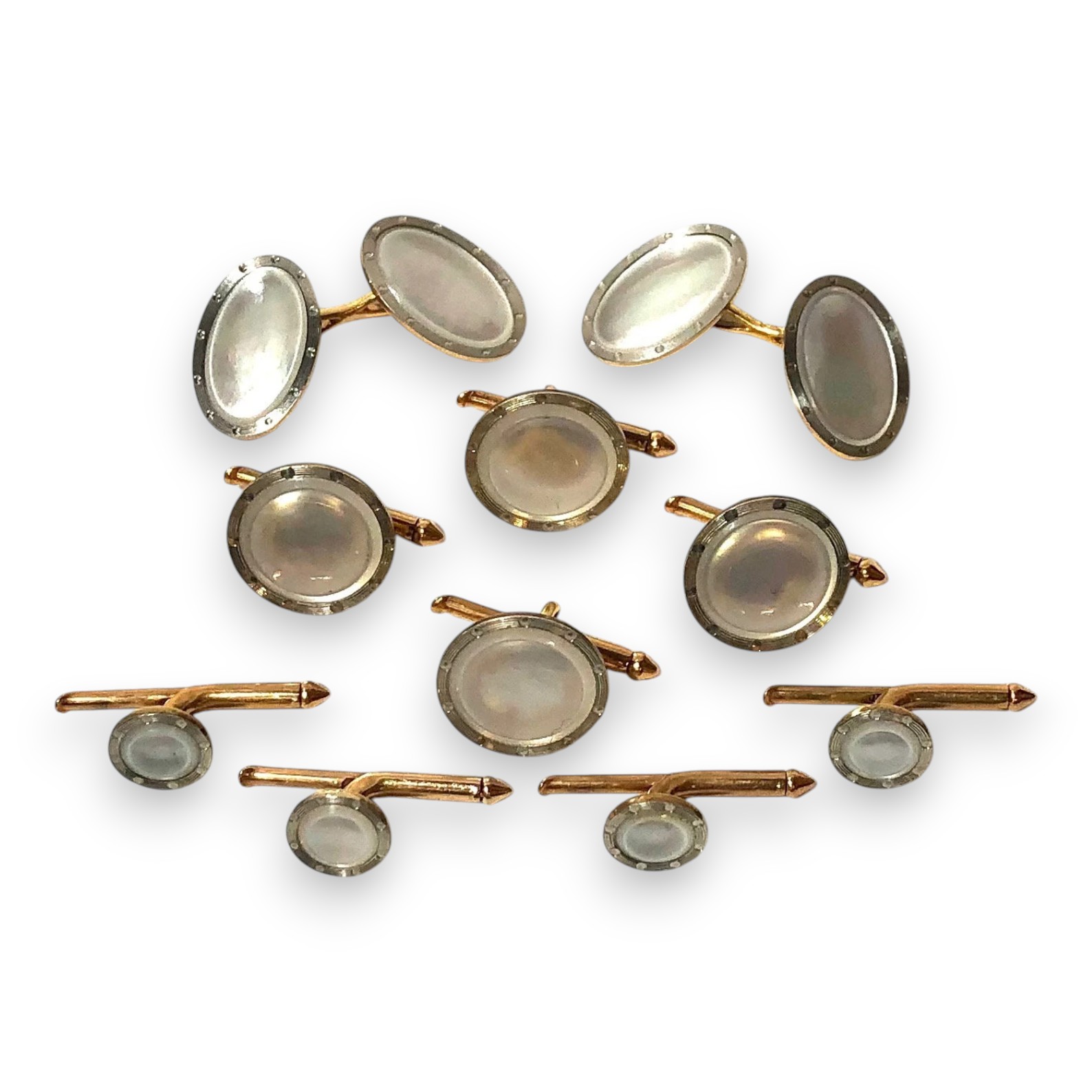 Larter Art Deco 14K Gold Mother of Pearl Cufflinks & Stud